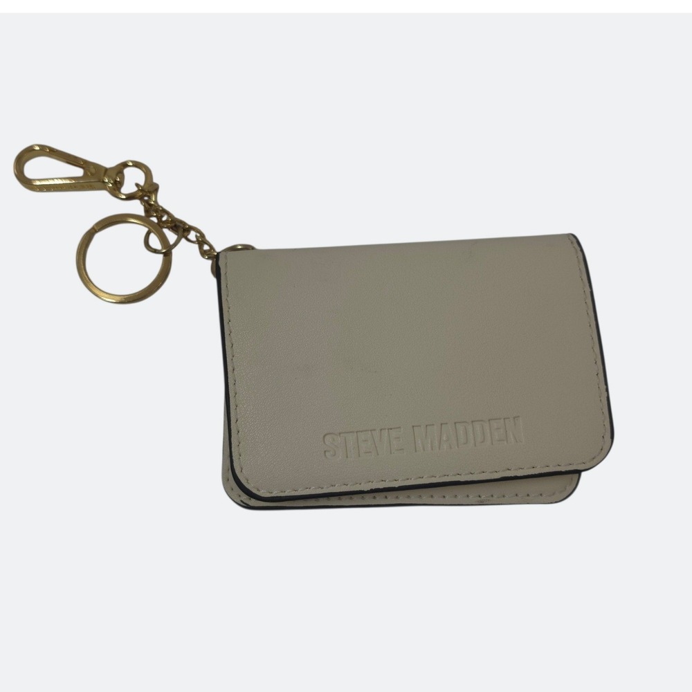 Steve Madden Minimalist Card Case Keychain Wallet OS Faux Leather Cream Neutral